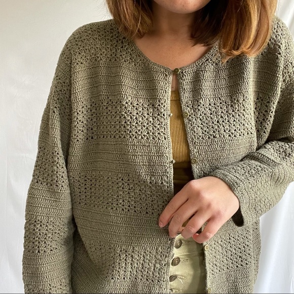 EDDIE BAUER | Vintage Olive Green Crochet Knit Cropepd Cardigan Sz XL - Picture 7 of 8